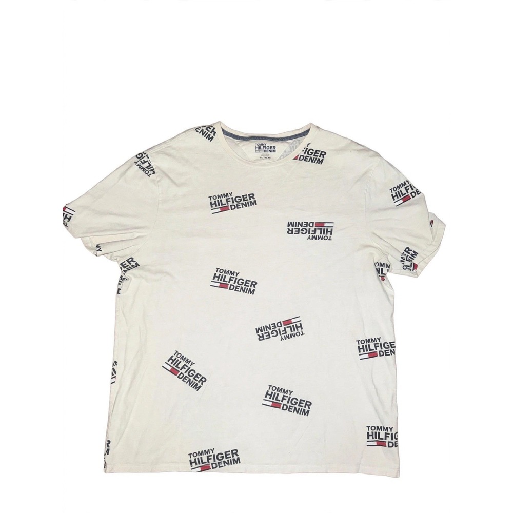Tommy Hilfiger Denim T-Shirt Mens XL White All Over Print Logo Tee Flag Graphic